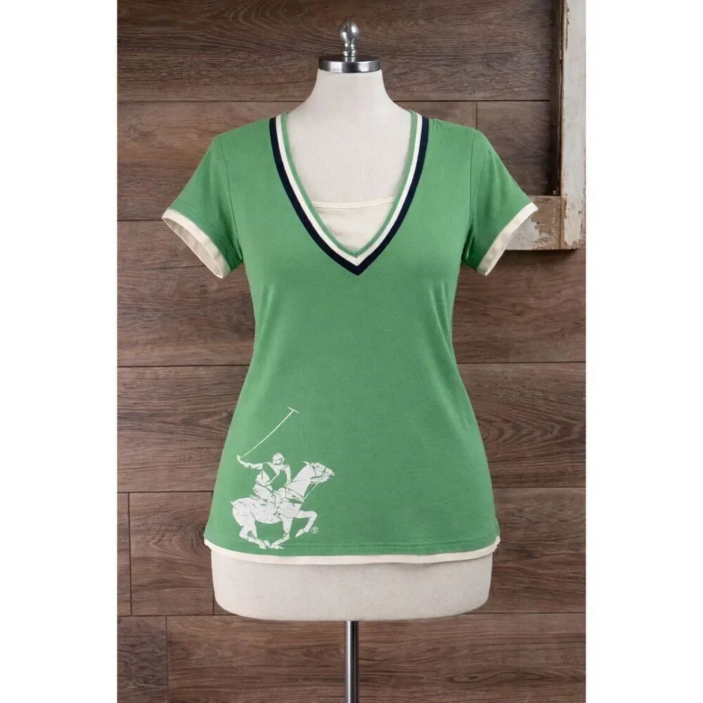 Beverly Hills Polo Club Women’s 1X Green V-Neck Cotton Polo Tee Shirt